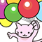 色とりどりの風船を持って空を飛ぶネコのイラスト